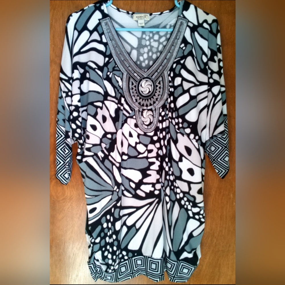 Women's Black & White Patterned Kimono Blouse Top Shirt, XL